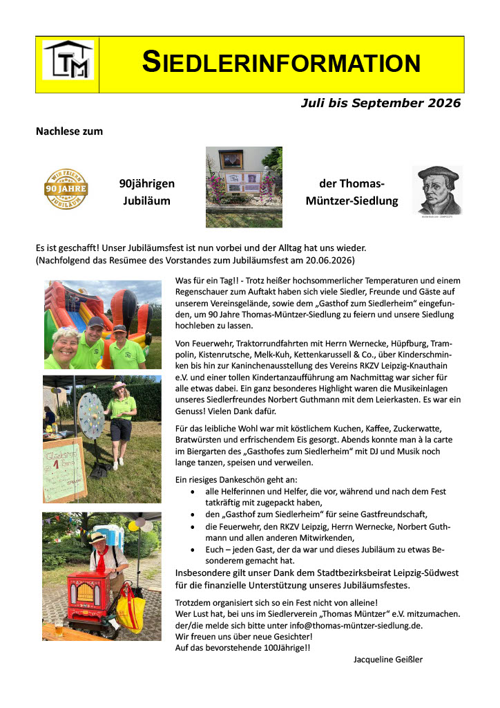 Siedlerinformation Juli / August / September 2026